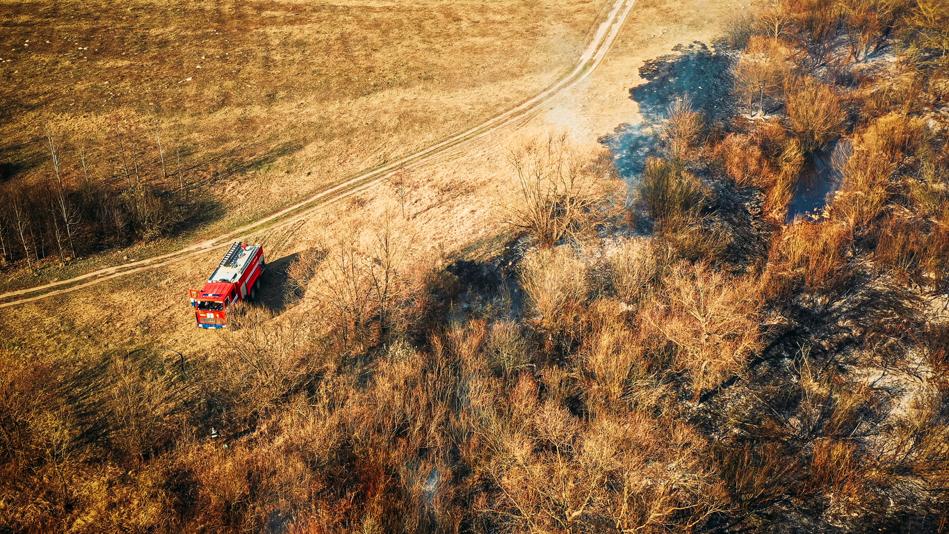 Aerial View. Spring Dry Grass Burns During Drought Hot Weather.